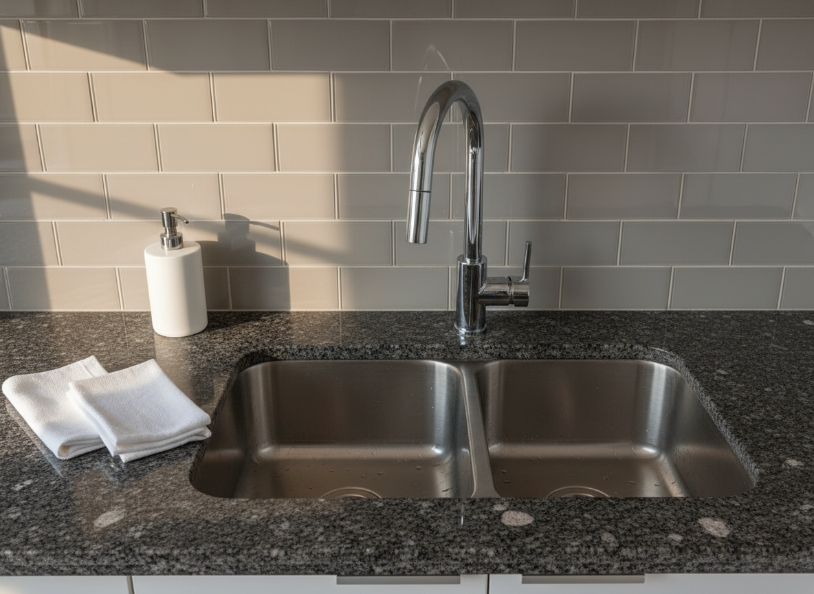 A gleaming stainless steel kitchen sink with a polished faucet and a meticulously cleaned, spotless basin. Next to the sink, high-sheen granite countertops hold a row of carefully aligned, unused white dish towels and an elegant ceramic soap dispenser. The neutral gray subway tile backsplash enhances the clean ambiance, bathed in gentle afternoon sunlight streaming through an unseen window. The composition employs a centered, symmetrical layout with sharp clarity and subtle depth, encouraging a feeling of efficiency and precision. The photographic realism, combined with the restrained, corporate color scheme, perfectly embodies the core values of reliability and top-tier standards for a contemporary residential cleaning service.